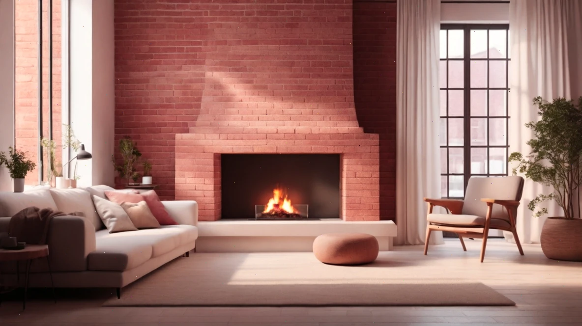 Modern living room with red brick fireplace, sofa, armchair and plants by the window