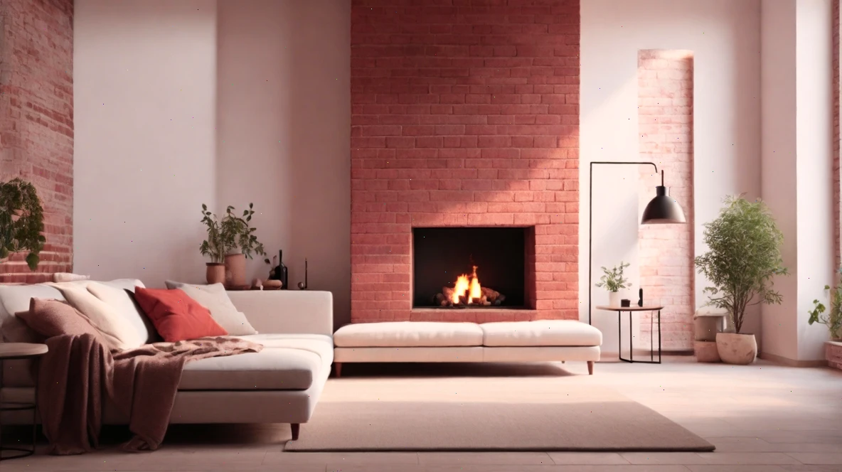 Modern living room with red brick fireplace, sofa, armchair and plants by the window